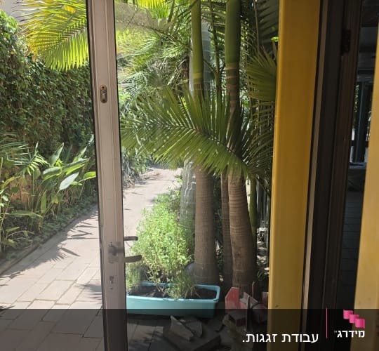 דלת זכוכית עם נוף של גינה ירוקה